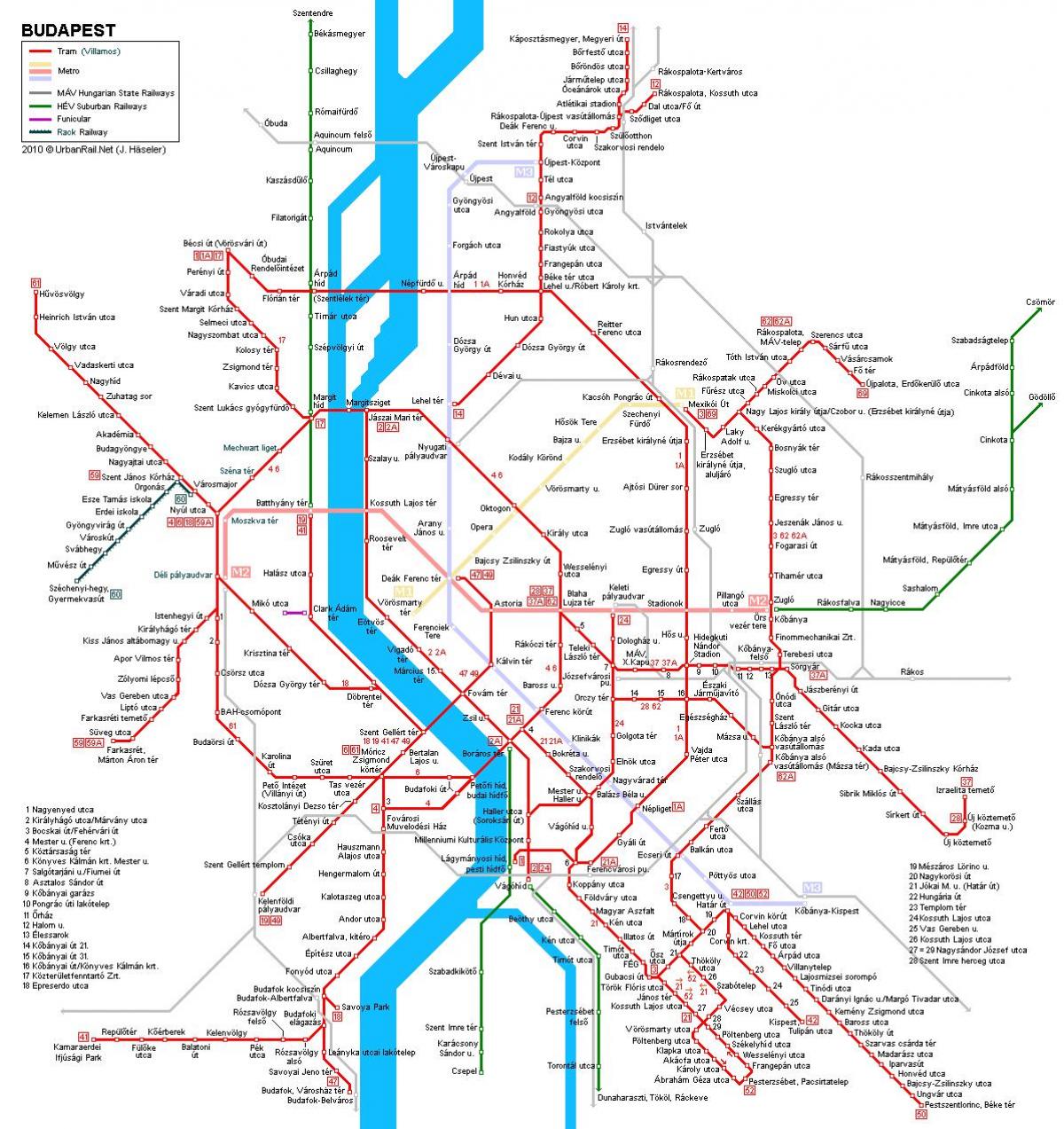 有轨电车线路的布达佩斯地图